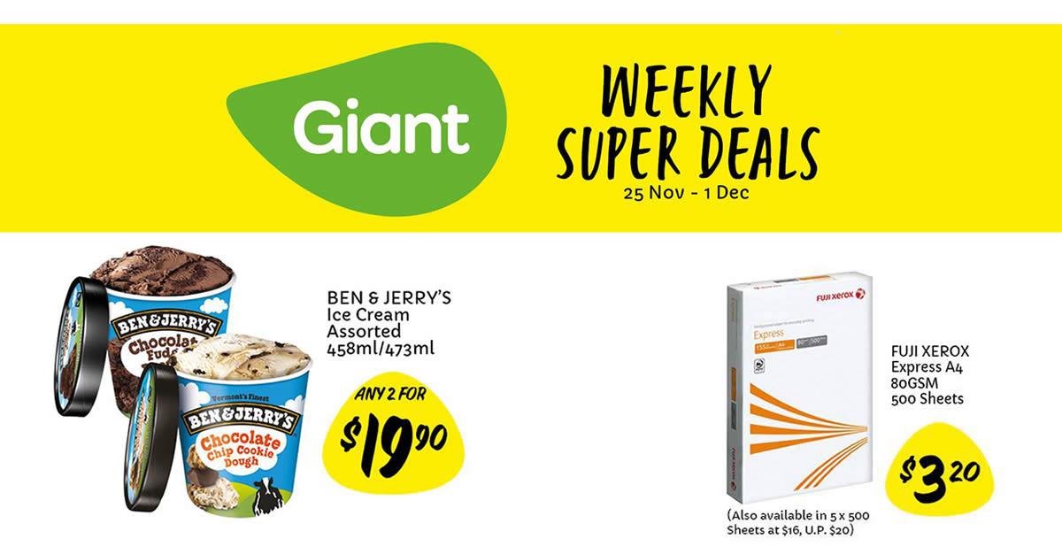Featured image for Giant: 2-for-$19.90 Ben & Jerry's ice cream, $3.20 Fuji Xerox 80gsm 500 A4 Sheets & more till 1 Dec 2021
