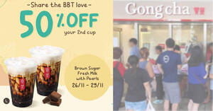 Featured image for Gong Cha S’pore: 50% off 2nd cup Brown Sugar Fresh Milk with Pearls (Large) from 26 – 29 Nov 2021