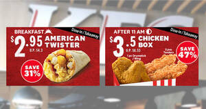 Featured image for KFC S’pore: $3.50 Chicken Box and $2.95 American Twister deal for dine-in/takeaway orders till 9 Jan 2022