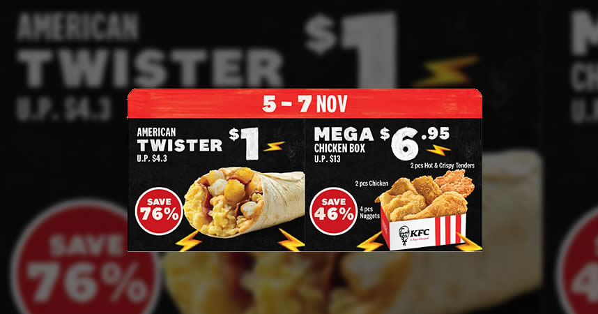 Featured image for KFC S'pore: $1 American Twister and $6.95 Mega Chicken Box for dine-in/takeaway orders till 7 Nov 2021