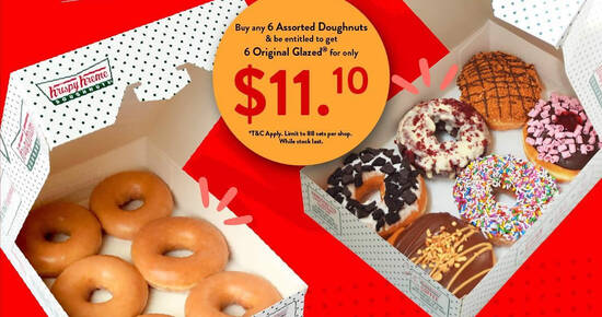 Krispy Kreme S’pore: Purchase any 6 Assorted Doughnuts and get 6 Original Glazed for $11.10 only on 11 Nov 2021 - 1