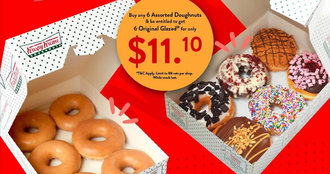 Featured image for Krispy Kreme S'pore: Purchase any 6 Assorted Doughnuts and get 6 Original Glazed for $11.10 only on 11 Nov 2021