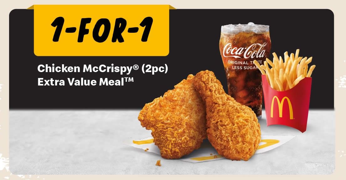Featured image for McDonald's S'pore: 1-for-1 2pc McCrispy Extra Value Meal valid for dine-in, takeaway and delivery till 11 Nov 2021