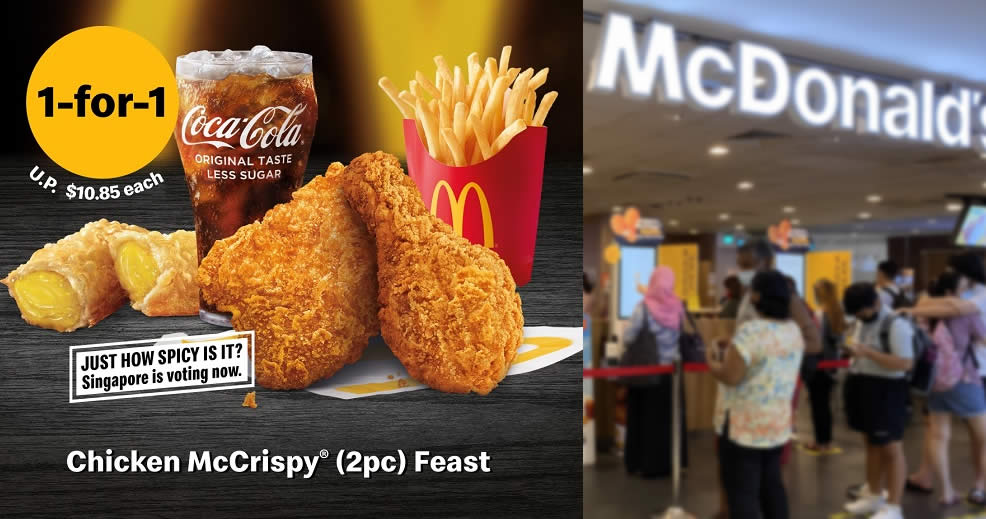 Featured image for McDonald's S'pore: 1-for-1 Chicken McCrispy® (2pc) Feast in-stores and via McDelivery till 14 Nov 2021