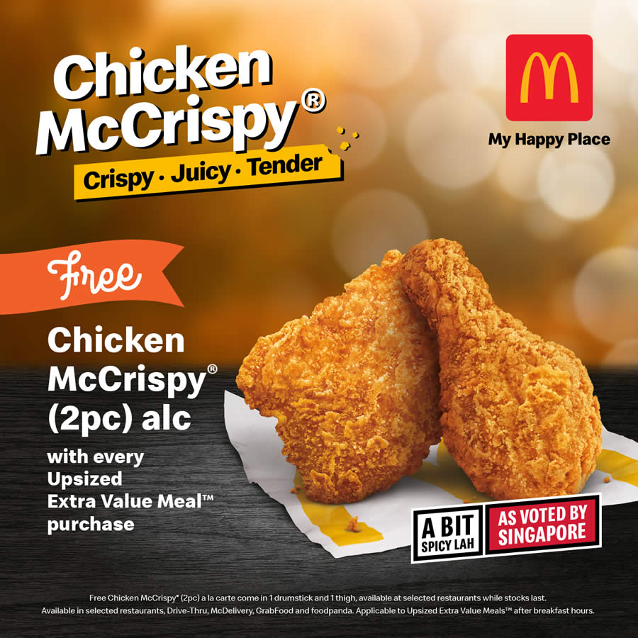 McDonald’s: FREE Chicken McCrispy® (2pc) A la Carte with every Upsized ...