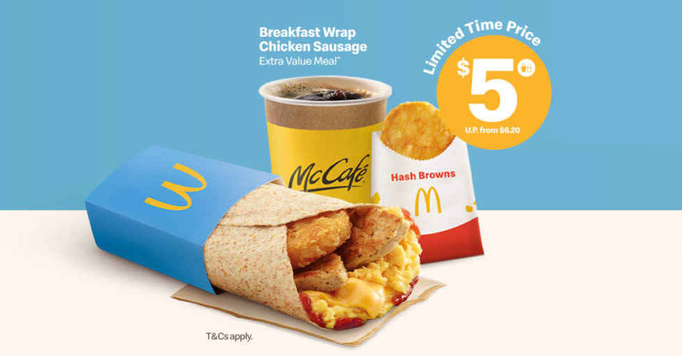 Featured image for McDonald's Breakfast Wrap Chicken Sausage is now going from $5 (usual from $6.20) limited time price from 4 Nov 2021