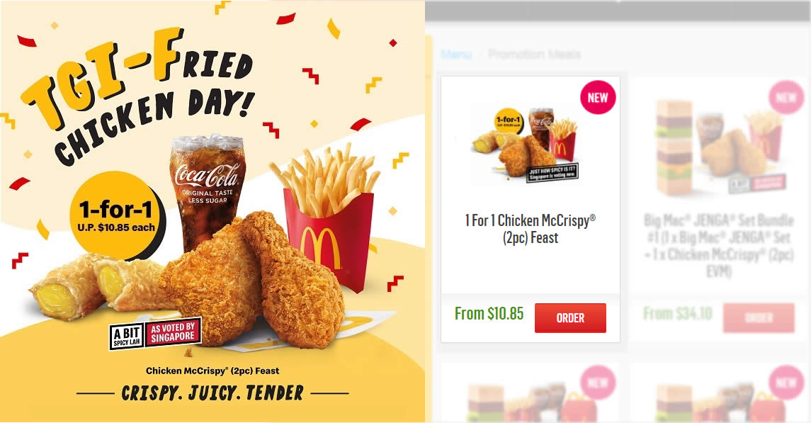 Featured image for McDonald's S'pore: 1-for-1 Chicken McCrispy® (2pc) Feast via McDelivery till 22 Nov 2021