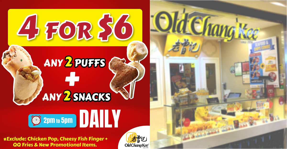 Featured image for Old Chang Kee: $6 for any two puffs + any two snacks at all outlets from 1 Nov 2021 (2pm - 5pm daily)