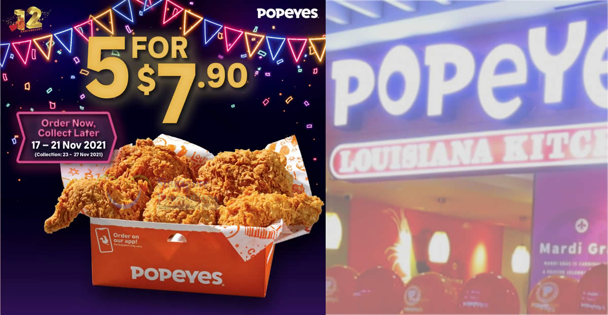 Featured image for Popeyes S'pore: Grab 5pc Chicken Box for $7.90, pre-order from 17 - 21 Nov for collection from 23 - 27 Nov