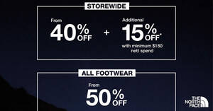 Featured image for The North Face is offering storewide from 40% off + additional 15% off with $180 nett spend from 26 – 30 Nov 2021