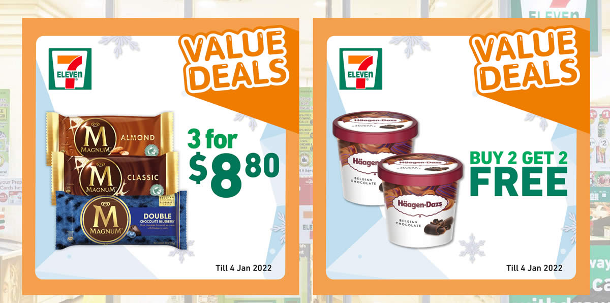 Featured image for 7-Eleven S'pore Ice Cream Specials: Magnum Stickbar 3 for $8.80, Häagen-Dazs Stickbar 3 for $9.90 & more till 4 Jan