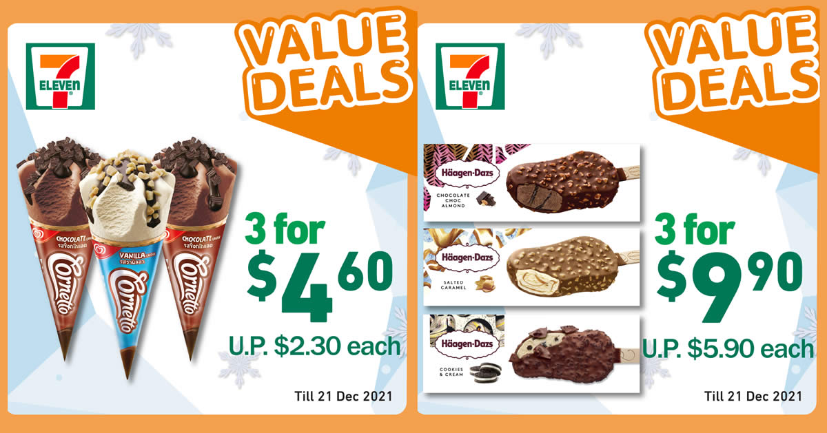 Featured image for 7-Eleven S'pore Ice Cream Specials: 3-for-$4.60 Cornetto ($1.53 each), 3-for-$9.90 Häagen-Dazs Stickbar & More till 21 Dec