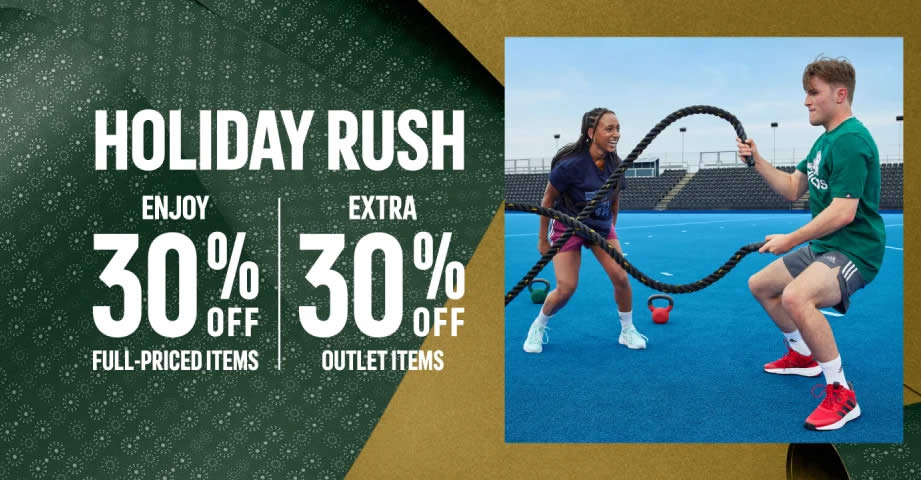 Featured image for Adidas S'pore online Holiday Rush Sale: 30% off regular-priced items and extra 30% off outlet items till 28 Dec 2021