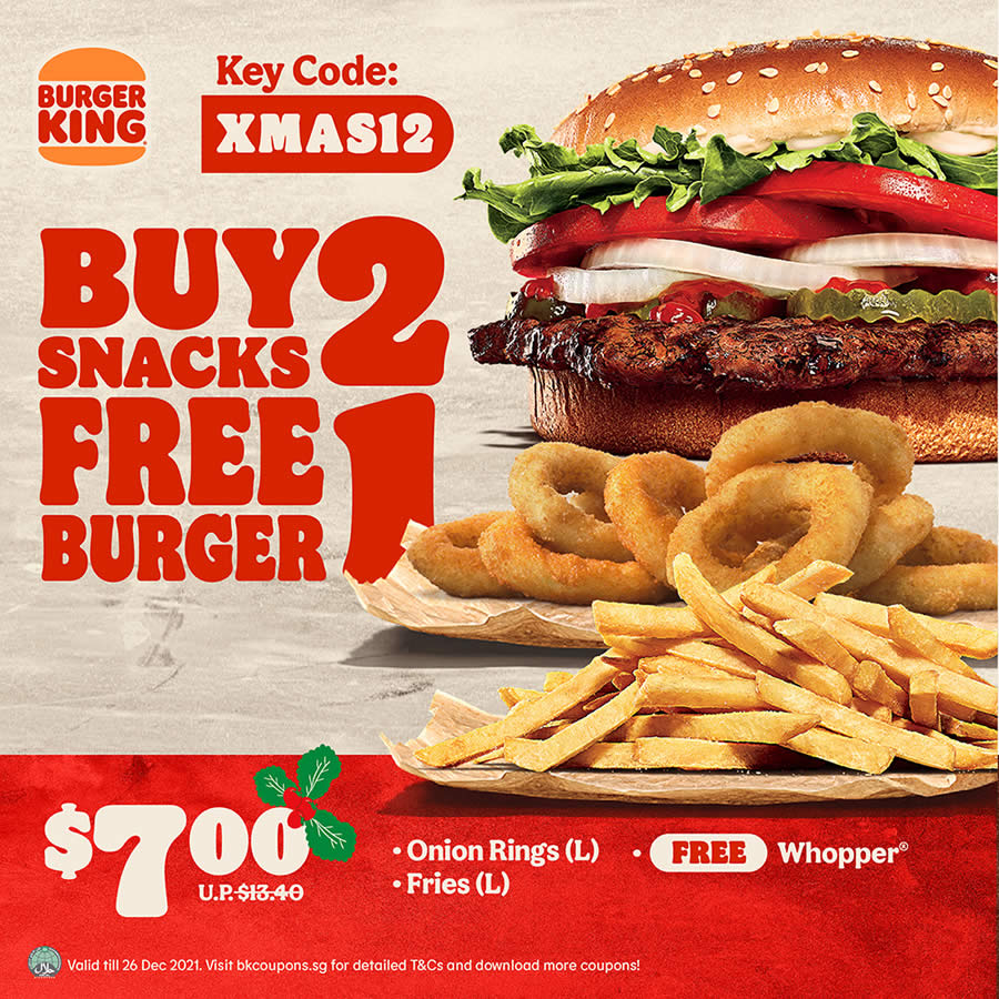 Buy 2 Snacks Get 1 Free Burger With Burger King S'Pore Latest Ecoupons  Valid Till 26 Dec 2021
