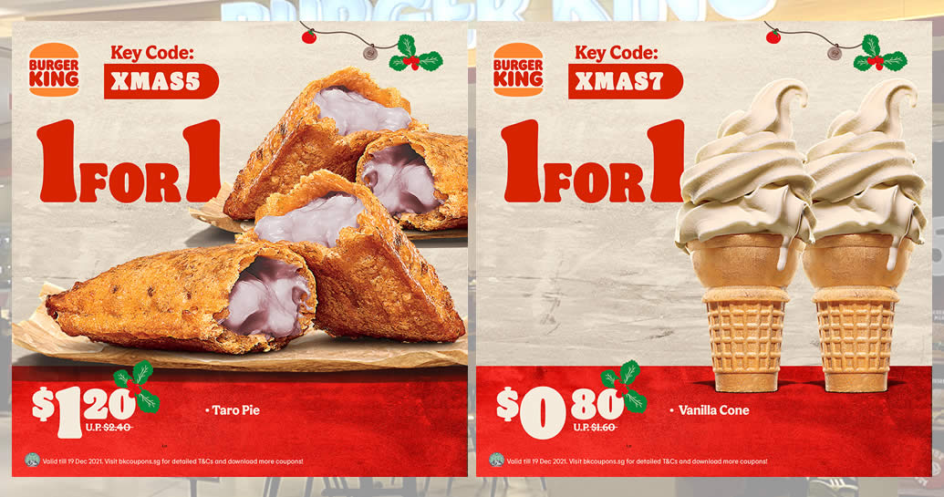Featured image for Burger King S'pore releases four new 1-for-1 ecoupons - Taro Pie, Vanilla Cone & more - valid till 19 Dec 2021