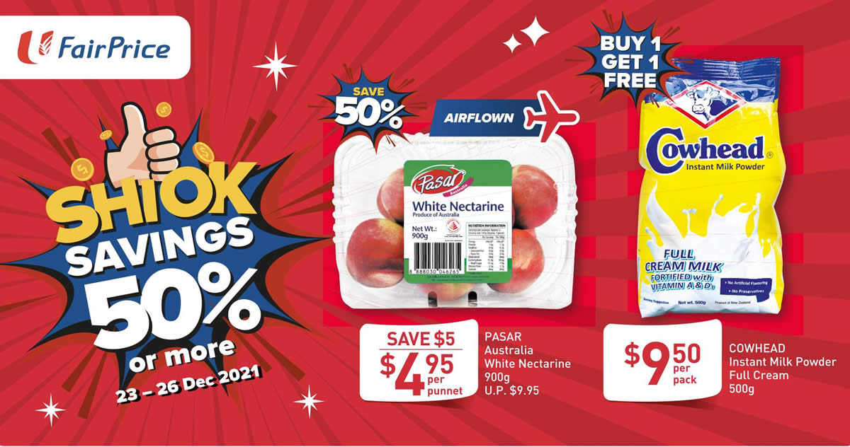 Featured image for FairPrice 4 Days Only: 1-for-1 Cowhead Instant Milk Powder, 50% off Australia White Nectarines & more till 26 Dec 2021