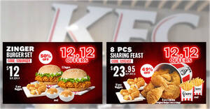 Featured image for KFC Delivery: 50% off Zinger Burger Set and 49% off 8pcs Sharing Feast 12.12 deals till 15 Dec 2021