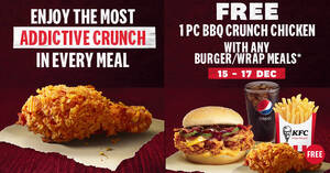 Featured image for KFC S’pore: Free 1pc BBQ Crunch Chicken when you order any KFC burger or wrap meals from 15 – 17 Dec 2021