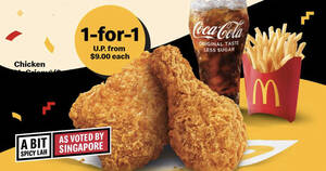 Featured image for McDonald’s 1-for-1 2pc Chicken McCrispy® Extra Value Meal on 31 Dec means you pay only $4.50 per meal