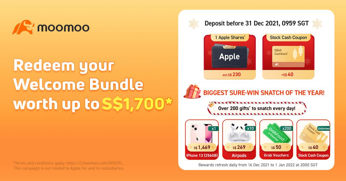 Featured image for moomoo: FREE AAPL Stock(~S$240) + $40 Stock Cash Coupon, Along with Daily Prizes Such as iPhone 13, Airpods & More* (From now to 1 January) | moomoo