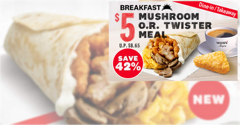 Featured image for KFC S'pore: $5 Mushroom O.R. Twister Meal on weekdays till 21 Jan 2022