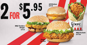 Featured image for KFC S’pore: Get any 2 for $5.95 – Zinger, BBQ Tenders Burger, KFChicken or BBQ Pockett till 16 Jan 2022