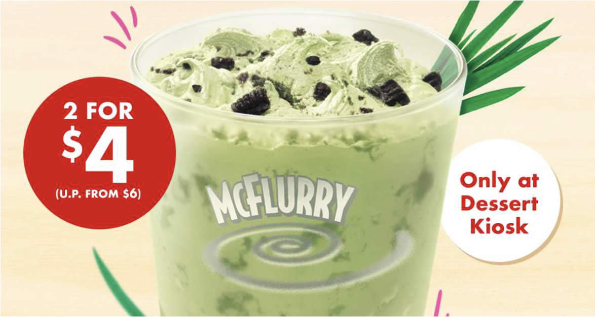 Featured image for McDonald's Pandan Mcflurry 2-for-S$4 deal at Dessert Kiosks till 17 Jan means you pay S$2 each
