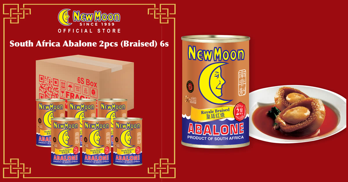 Featured image for $199.90 (~$33.32 each) for six cans of New Moon South Africa Abalone (2pcs) 400g + free shipping (From 13 Jan 2022)