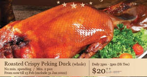 Featured image for Peach Garden: S$20++ Whole Roasted Crispy Peking Duck (No Min Spend) at Thomson Plaza outlet till 15 Feb 2022