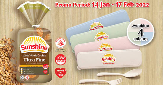 Sunshine Bakeries: Free Sunshine ECO Wheat Cutlery Set with every 100% Whole Grains Ultra Fine Wholemeal Bread till 17 Feb