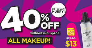 Featured image for Watsons 4-DAYS ONLY: 40% off all makeup – no min spend! Valid till 23 Jan 2022