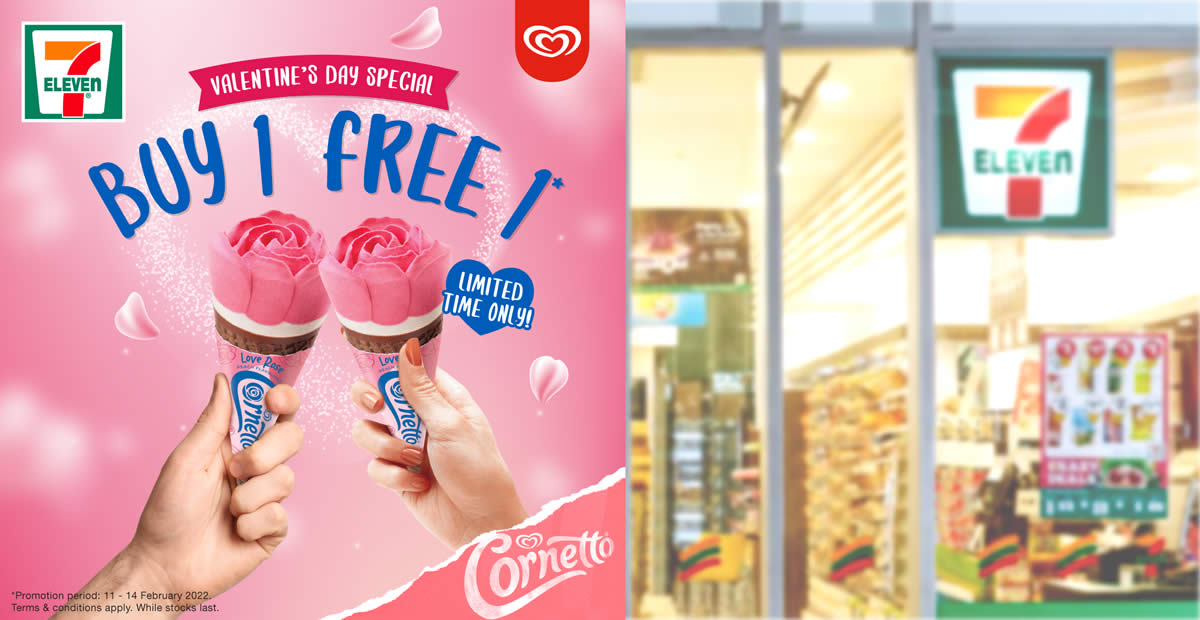 Featured image for 7-Eleven S'pore is offering Buy-1-Get-1-Free Cornetto ice-cream till 14 Feb 2022