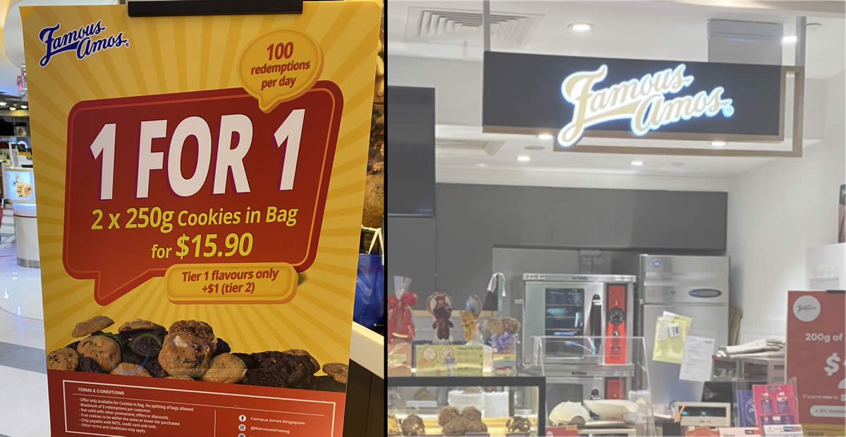 Featured image for Famous Amos S'pore 1-for-1 250g cookies in bag deal at all outlets till 20 Feb means you pay S$7.95/bag