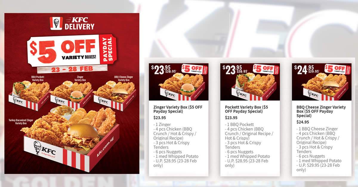 Featured image for KFC Delivery: Enjoy S$5 off any KFC Variety Box till 28 Feb 2022, choose from four Variety Box choices