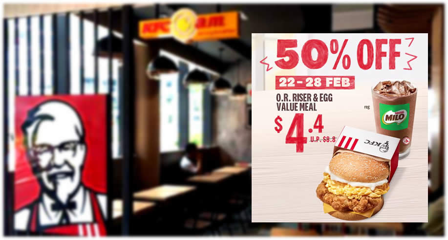 Featured image for KFC S'pore is offering 50% off Original Recipe Riser & Egg Value Meal during breakfast hours from 22 - 28 Feb 2022
