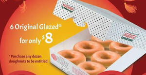 Featured image for Krispy Kreme S’pore: 6-for-$8 original glazed doughnuts with any purchase of dozen doughnuts box till 15 Feb 2022