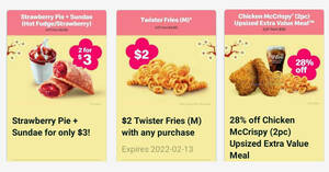 Featured image for (EXPIRED) McDonald’s: $2 Twister Fries, $3 Strawberry Pie + Sundae and 28% off 2pc Chicken McCrispy Meal till 13 Feb 2022