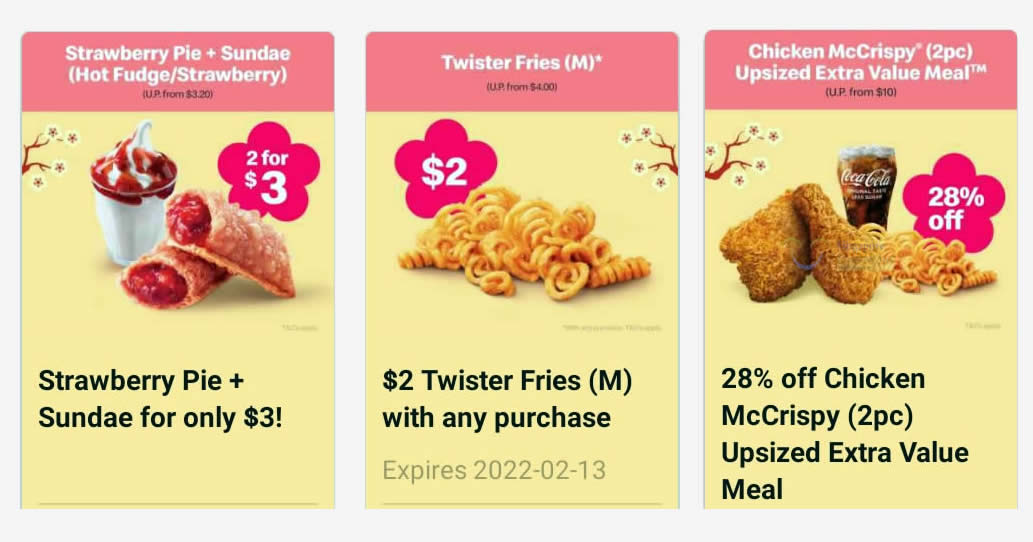 Featured image for McDonald's: $2 Twister Fries, $3 Strawberry Pie + Sundae and 28% off 2pc Chicken McCrispy Meal till 13 Feb 2022