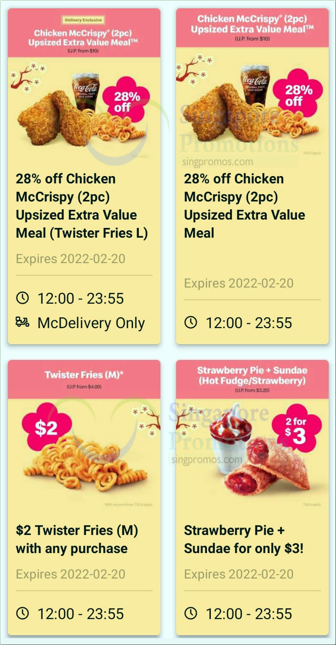 McDonald's: $2 Twister Fries, $3 Strawberry Pie + Sundae and 28% off 2pc Chicken McCrispy Meal till 20 Feb 2022