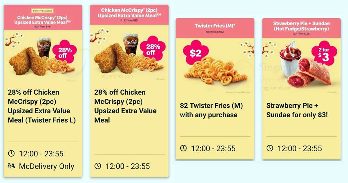 Featured image for McDonald's: $2 Twister Fries, $3 Strawberry Pie + Sundae and 28% off 2pc Chicken McCrispy Meal till 20 Feb 2022