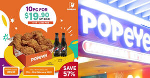 Featured image for (EXPIRED) Popeyes S’pore: Enjoy 10pc hot and crispy chicken for $19.90 (UP: $46.80) for delivery orders from 17th – 23rd February 2022