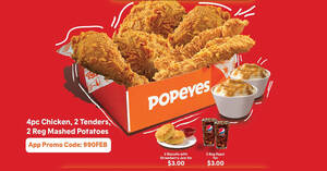 Featured image for Popeyes S’pore: $9.90 for 4pc Chicken, 2 Tenders and 2 Mashed Potatoes Takeaway Box on 25 & 26 February 2022
