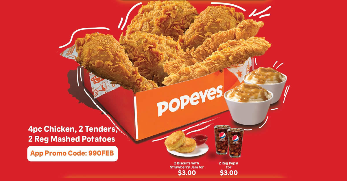 Featured image for Popeyes S'pore: $9.90 for 4pc Chicken, 2 Tenders and 2 Mashed Potatoes Takeaway Box on 25 & 26 February 2022