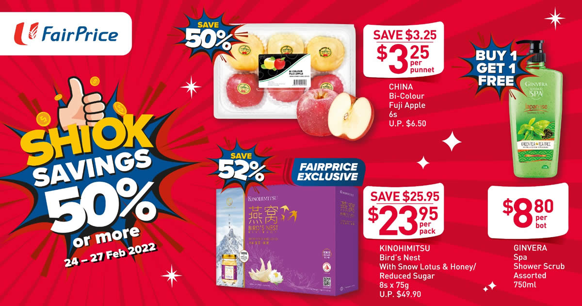 Featured image for Enjoy FairPrice's SHIOK SAVINGS of 50% or more at 111 selected outlets till 27 Feb 2022