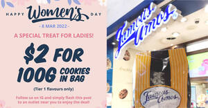 Featured image for Famous Amos S’pore: Women enjoy 100g Cookies in Bag for S$2 on Tuesday, 8 March 2022