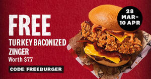 Featured image for KFC Delivery: Free Turkey Baconized Zinger (Worth S$7.55) with this code valid till 10 April 2022