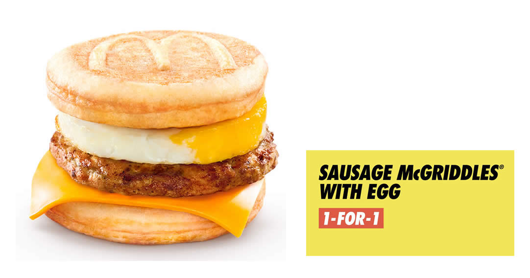 Featured image for McDonald's all-day 1-for-1 Sausage McGriddles® with Egg deal till Mar. 23 means you pay only S$2.95 each
