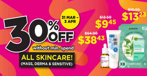 Featured image for (EXPIRED) Watsons 4-DAYS ONLY: 30% off all skincare – no min spend! Valid till 3 Apr 2022