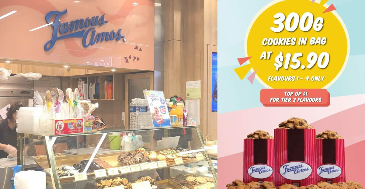 Featured image for Famous Amos S'pore is offering 300g cookies in bag for $15.90 till 30 April 2022