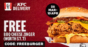 Featured image for KFC Delivery: Free BBQ Cheese Zinger (Worth $7.70) with this code valid till 10 April 2022